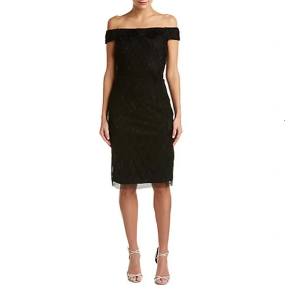 Adrianna Papell Off-The-Shoulder Velvet Beaded Dress - Black 6 Adrianna Papell Off-The-Shoulder Velvet Beaded Dress - Black 6
